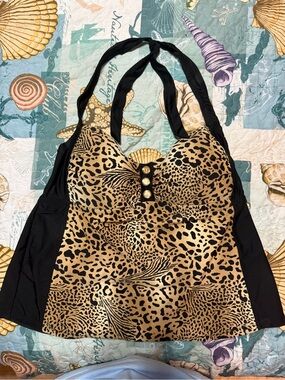 Catalina Black & Leopard-Print Halter Tankini Top